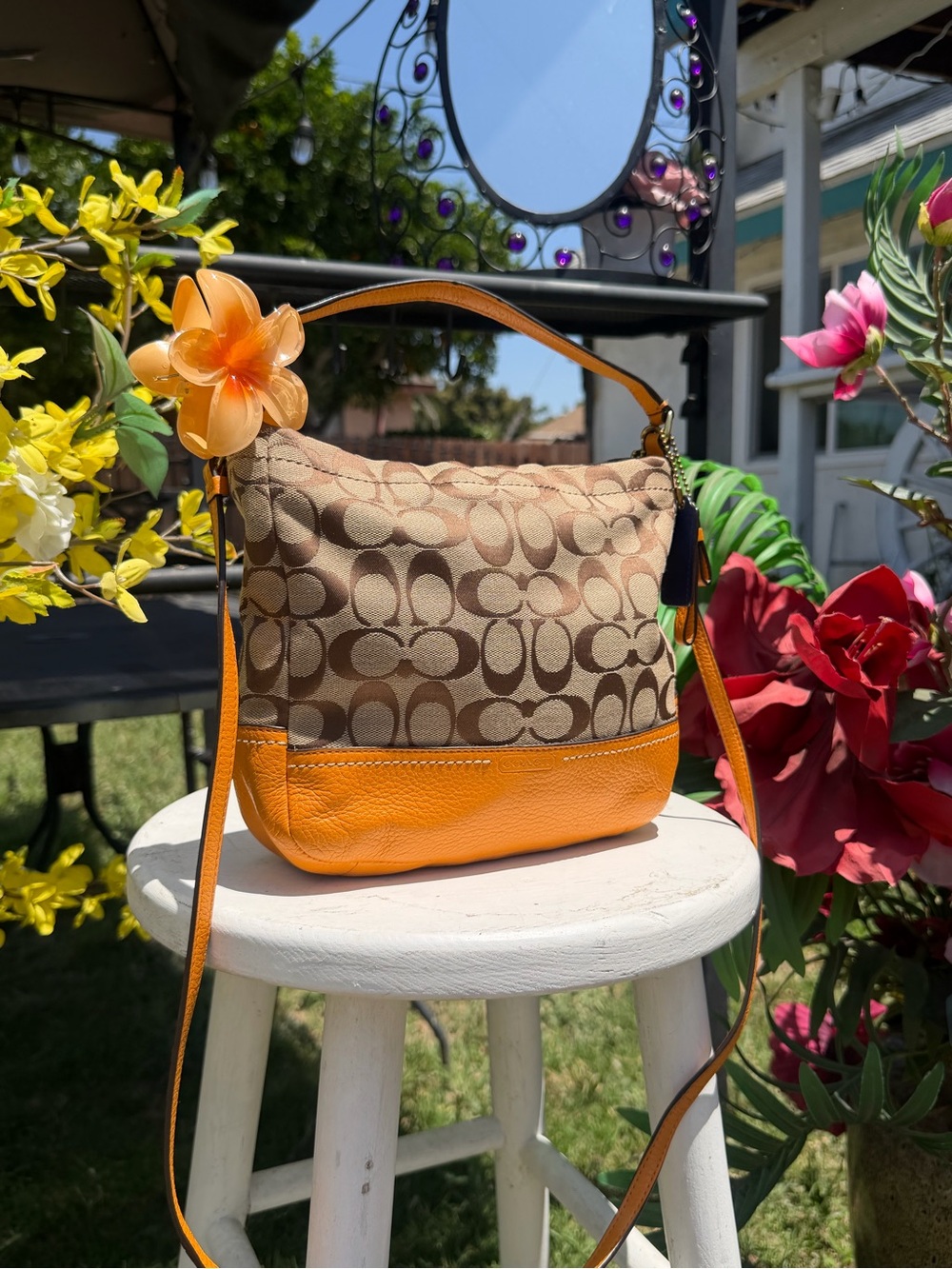 Coach Brown Signature Canvas Crossbody with Orange Leather Trim - Picture 3 of 8